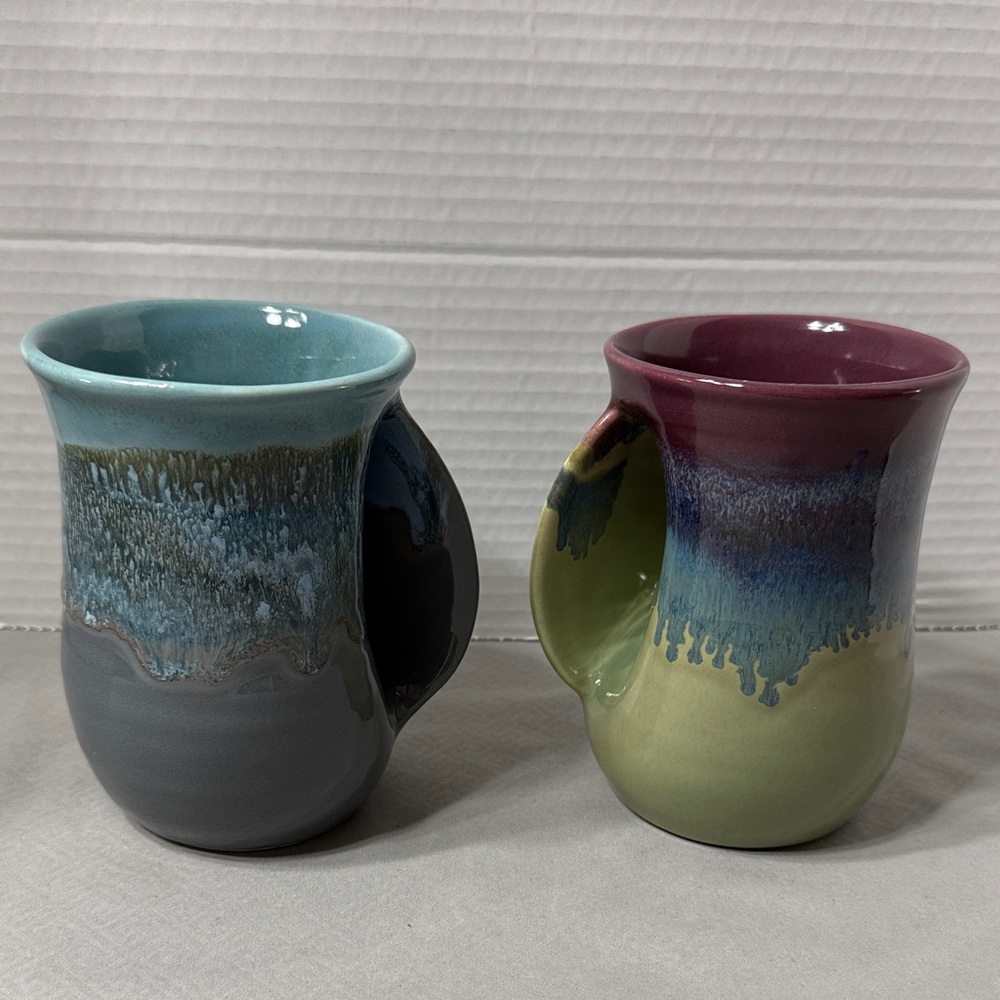 Set of 2 Neher Pottery Glazed Hand Warmer Mugs Cups Colorful Ceramic Signed